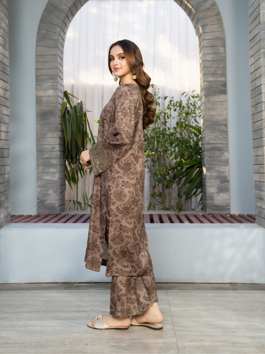 Panache Apparel Fiona SS'25 Cambric Lawn Embroidered Stitched Suit-Fawn