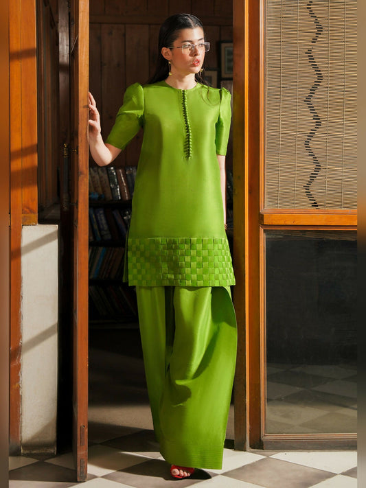 Lime Yellow Hussain Rehar PAY DAY VOL. IV Raw Silk Stitched 2-Peice-Ausmas