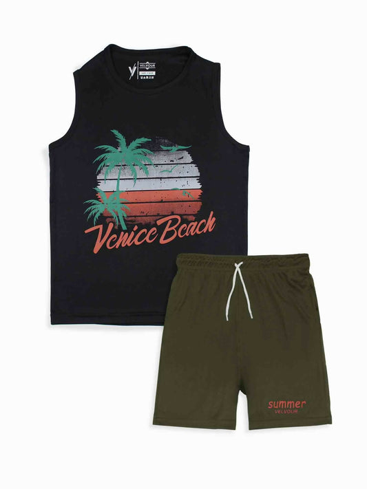 Black and Olive Velvour Boys & Girls Printed Track Suit-VST61-A