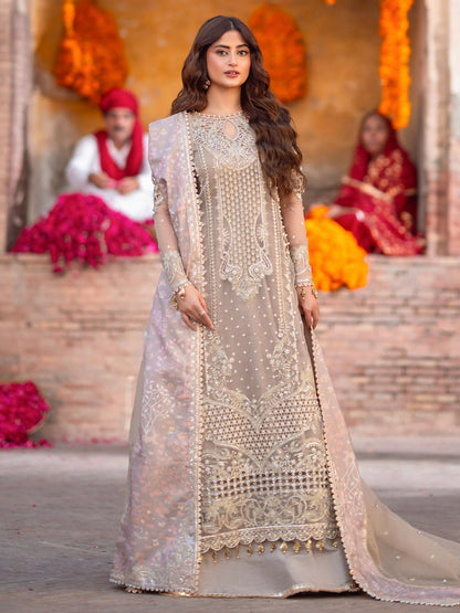 Binilyas unstitched luxury 3-piece suit with sequin embroidered organza shirt, embroidered organza dupatta with printed silk lace, and dyed silk trouser.