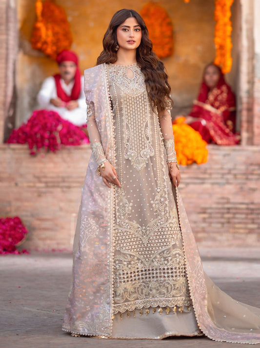 Binilyas unstitched luxury 3-piece suit with sequin embroidered organza shirt, embroidered organza dupatta with printed silk lace, and dyed silk trouser.