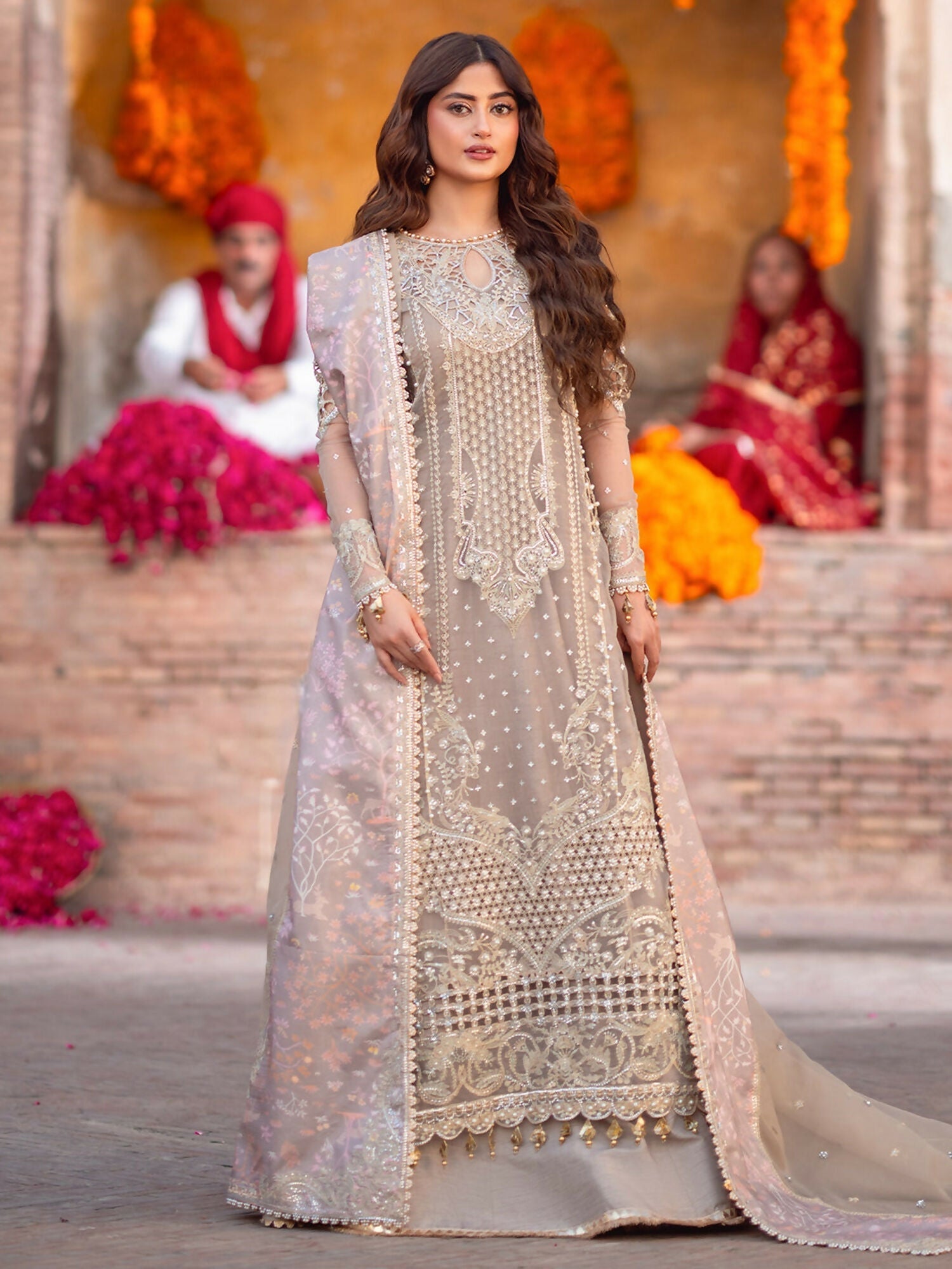 Binilyas Sona Gachi Formals stitched 3-piece suit featuring sequence embroidered organza shirt with lace detailing, embroidered organza dupatta with silk borders, and dyed silk trouser