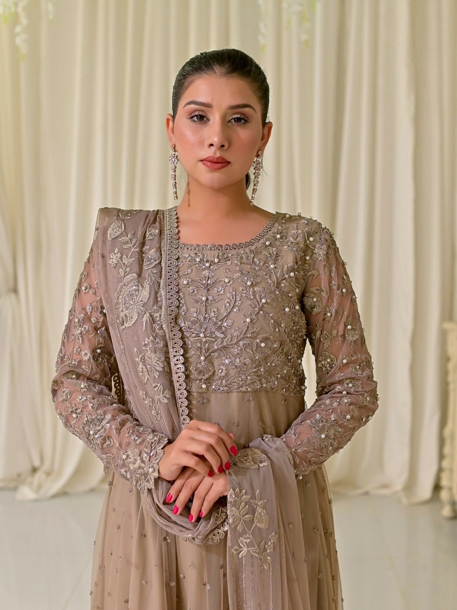 Farooq Hameed Studio Net Embroidered Stitched 3-Piece Suit-Oud-Majestic