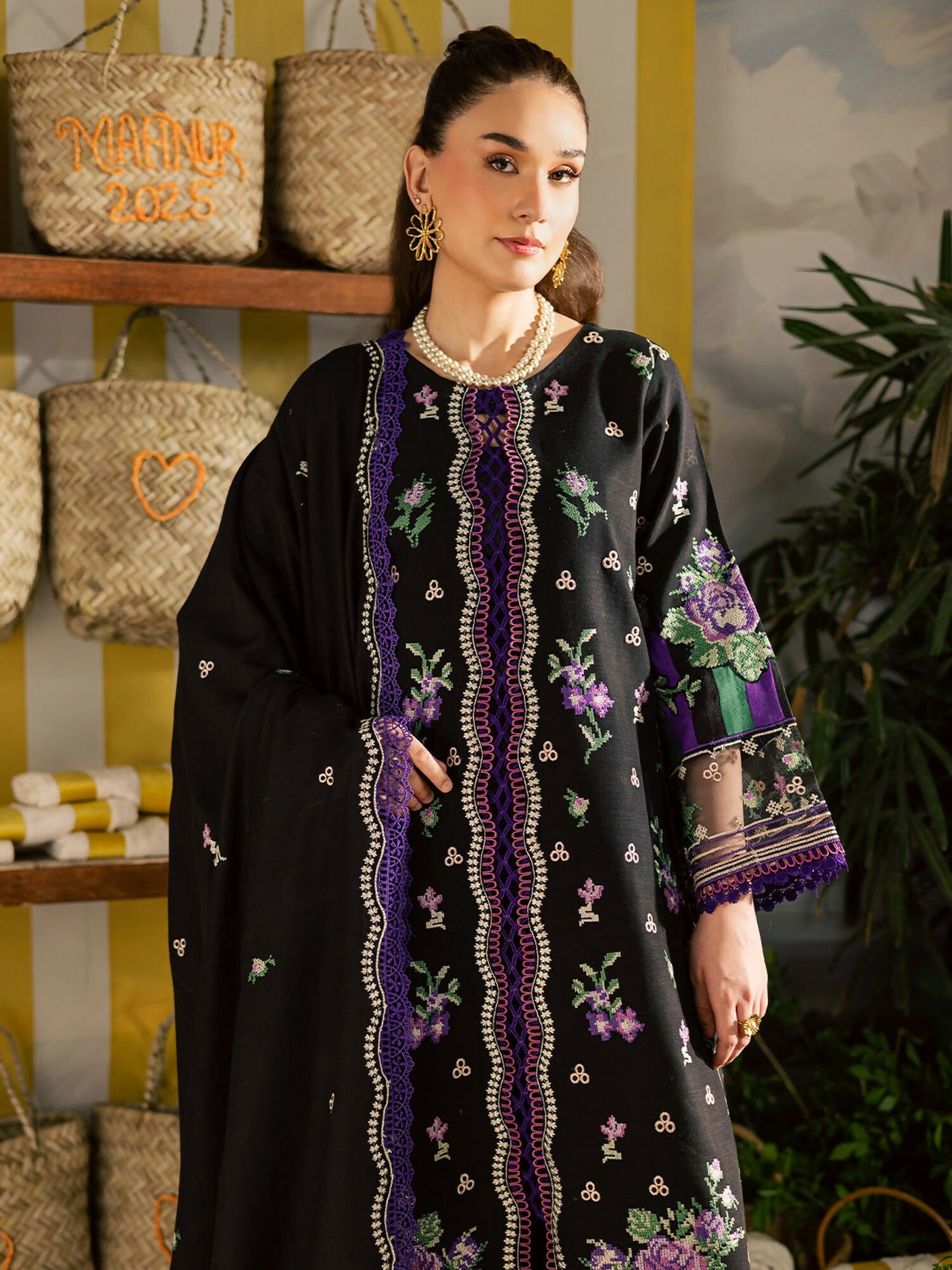 Mahnur Kaia Slub Linen Embroidered Stitched 3-Piece Suit-K- 02