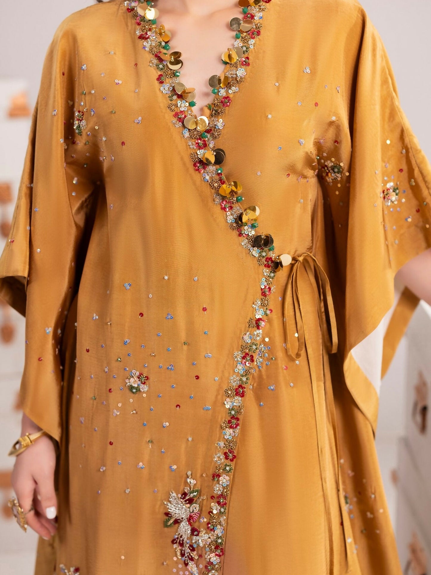 Shurooq Echoes In Bloom Silk Embellished Kaftan Set-Golden Mirage