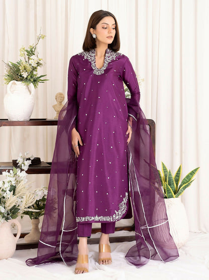 Allure By IH Luxury Pret Raw Silk Embellished Stitched 3-Piece Suit-Shanaya