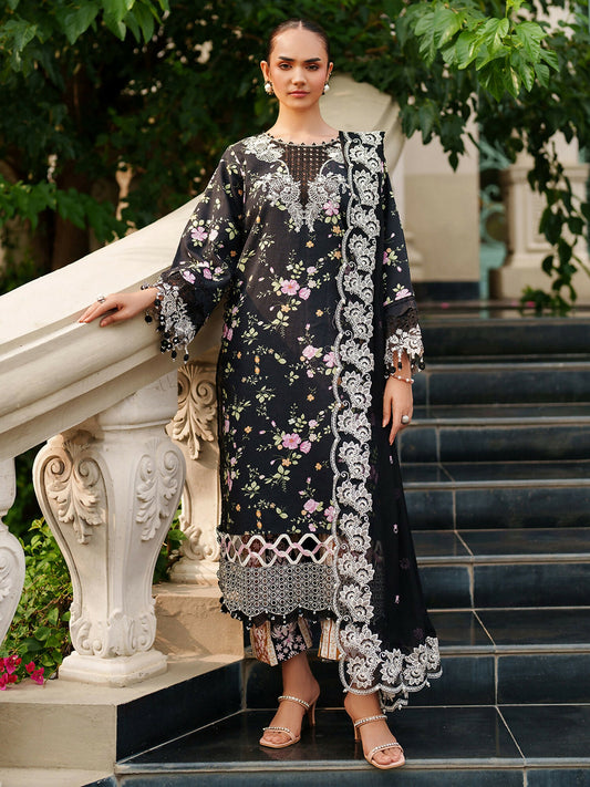 Unstitched 3-piece suit from Parishay Ivy Bloom Winter with embroidered neckline, borders, chiffon dupatta, and viscose trouser.