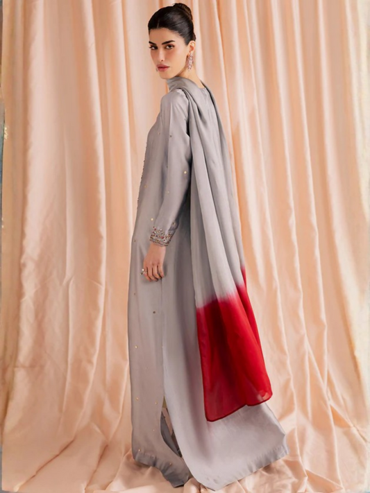 Allure By IH Silver Night Tussel Silk Embroidered Kaftan Set-Ether