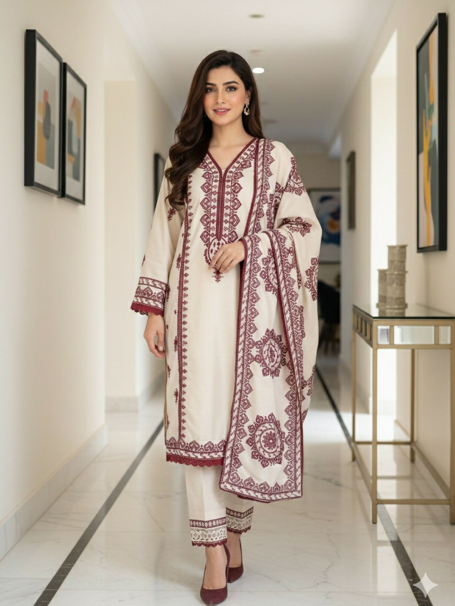Zeephire Dhanak Embroidered Stitched 3-Piece Suit-Abira