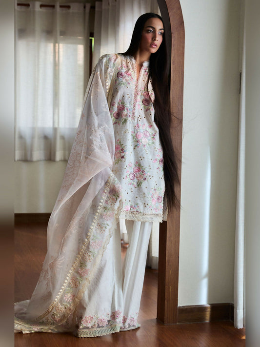 White Zara Shahjahan Luxury Lawn Embroidered Unstitched 3-Piece Suit-Kairo-10A