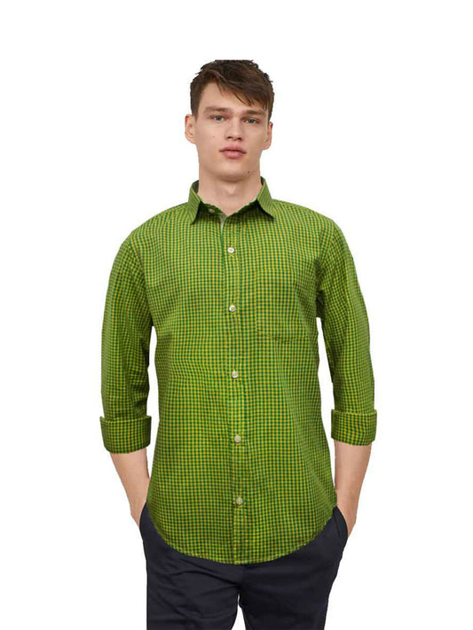 Men's cotton shirt with Italian cut cuffs, chest pocket, and available in five vibrant colors.