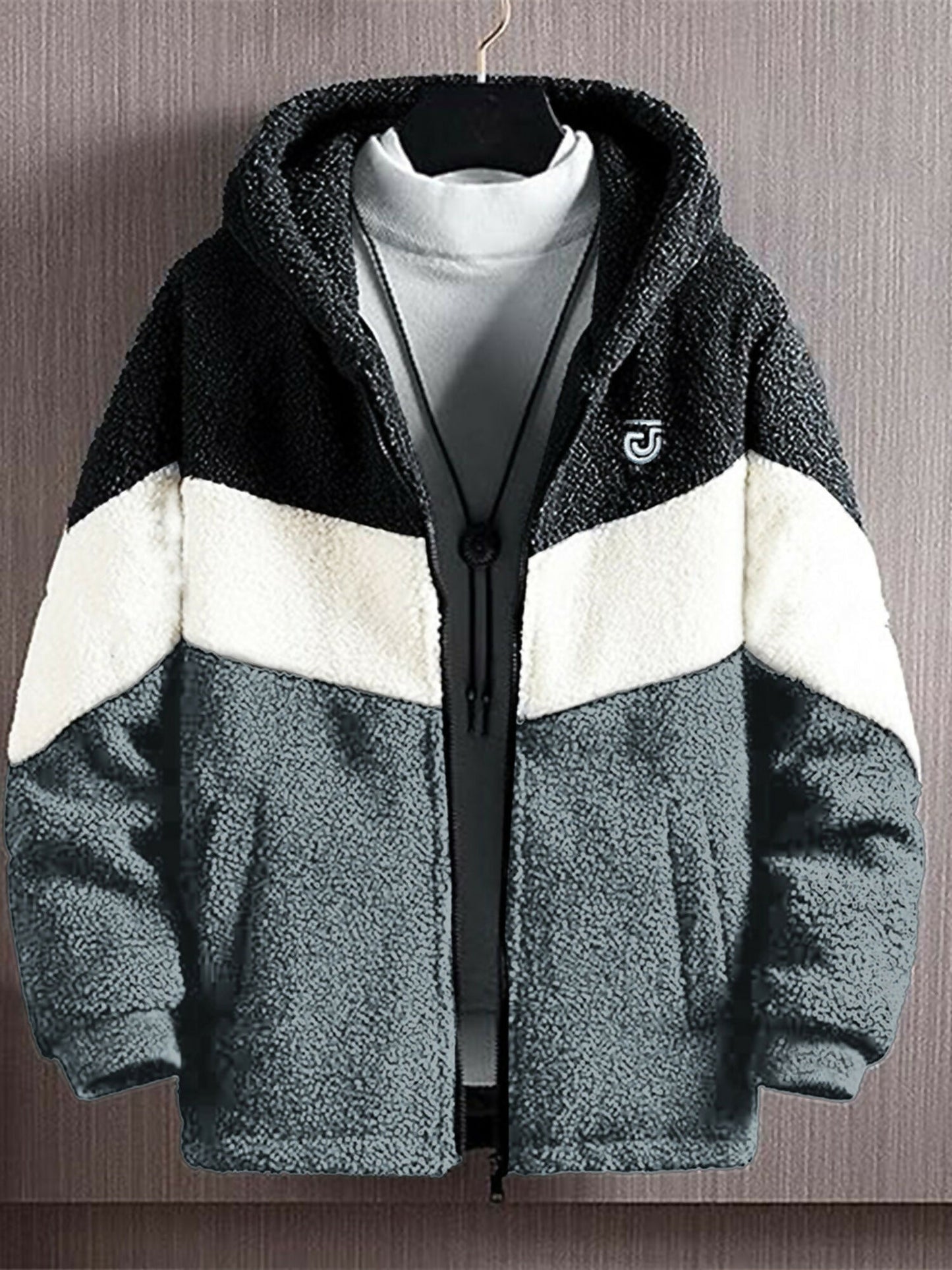 Black Grey and white Jupiter Contrast Panel Sherpa Gender Neautral Hoodie-14791