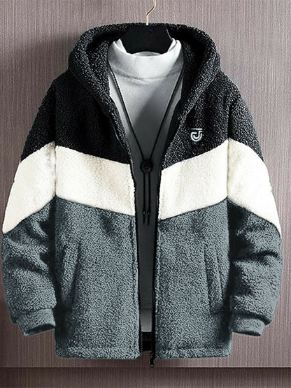 Black Grey and white Jupiter Contrast Panel Sherpa Gender Neautral Hoodie-14791
