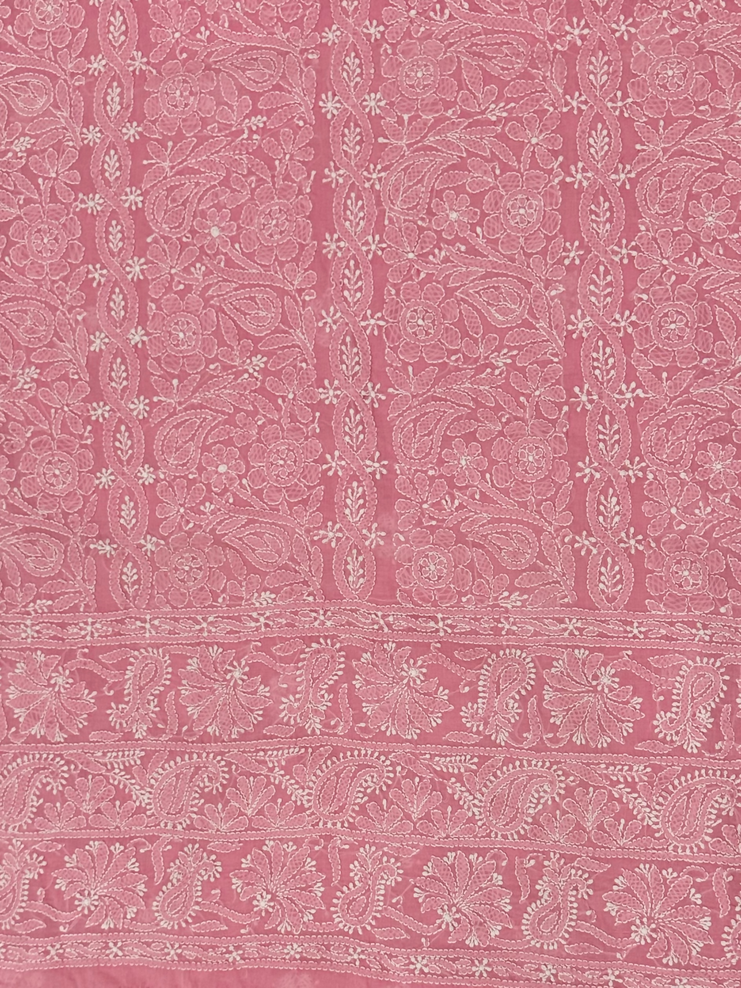 Fehm lawn shirt with fully embroidered Chikankari front, embroidered back with centre motif and booti, and embroidered sleeves with border and booti.