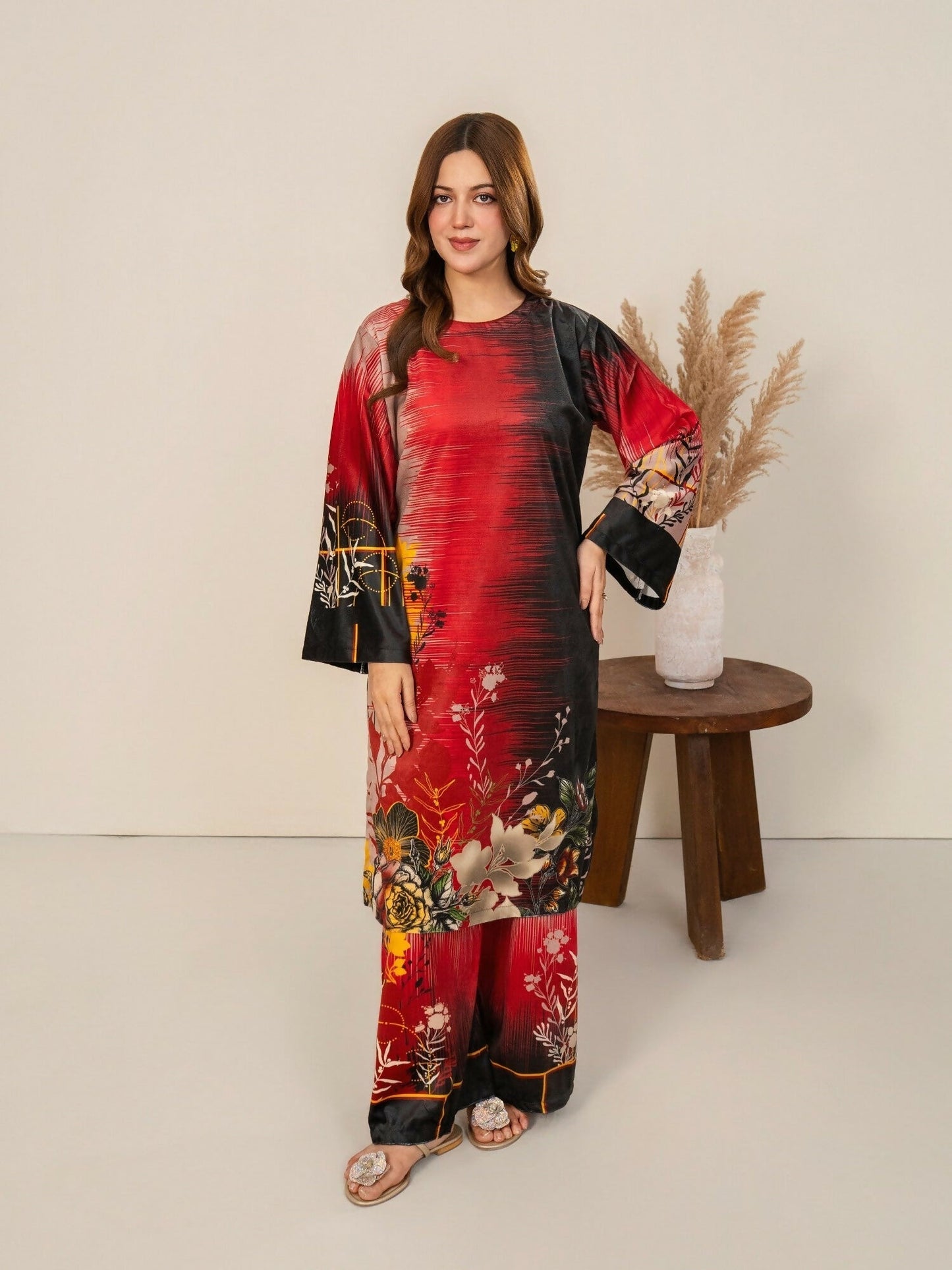 Stylish Collection Velvet Vogue Printed Co-Ord Set-Red Love