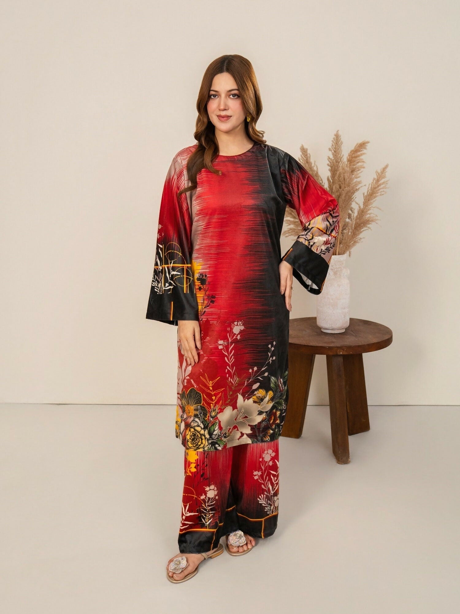 Stylish Collection Velvet Vogue Printed Co-Ord Set-Red Love