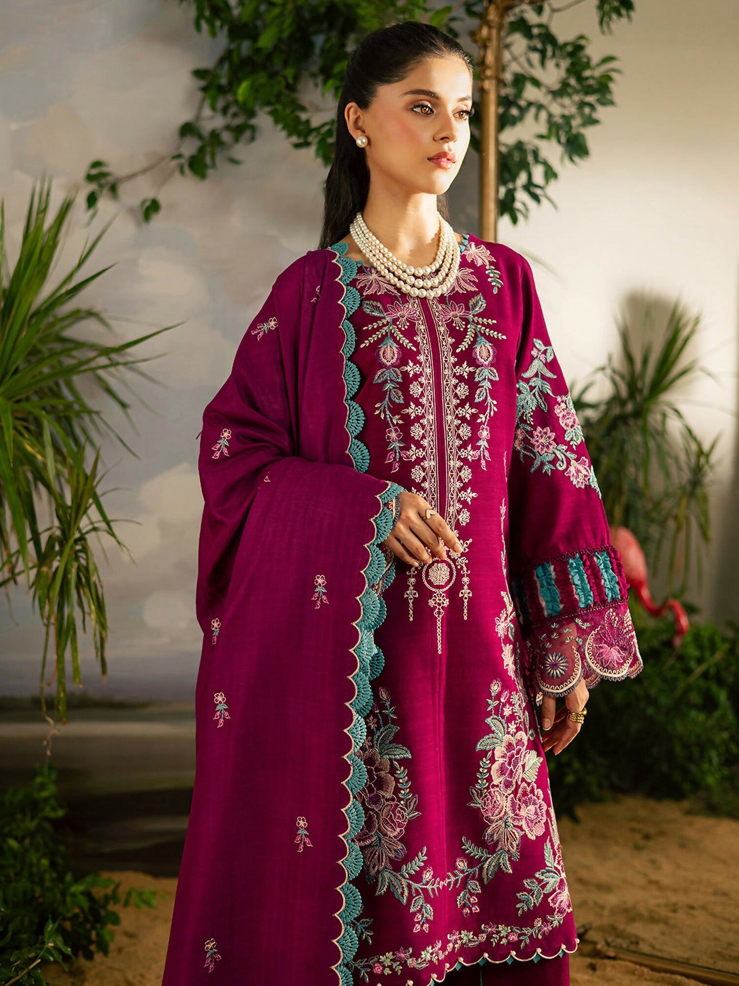 Mahnur Kaia Slub Linen Embroidered Stitched 3-Piece Suit-K- 09