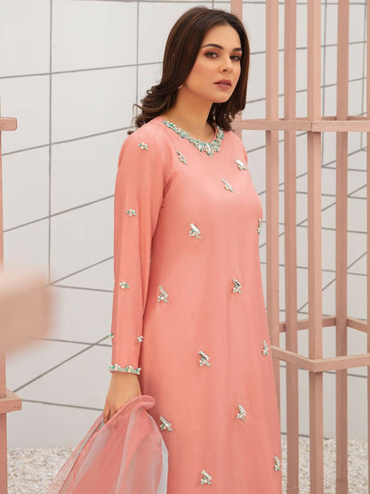 Allure By IH Raw Silk Embellished Stitched 3-Piece Suit-First Blush