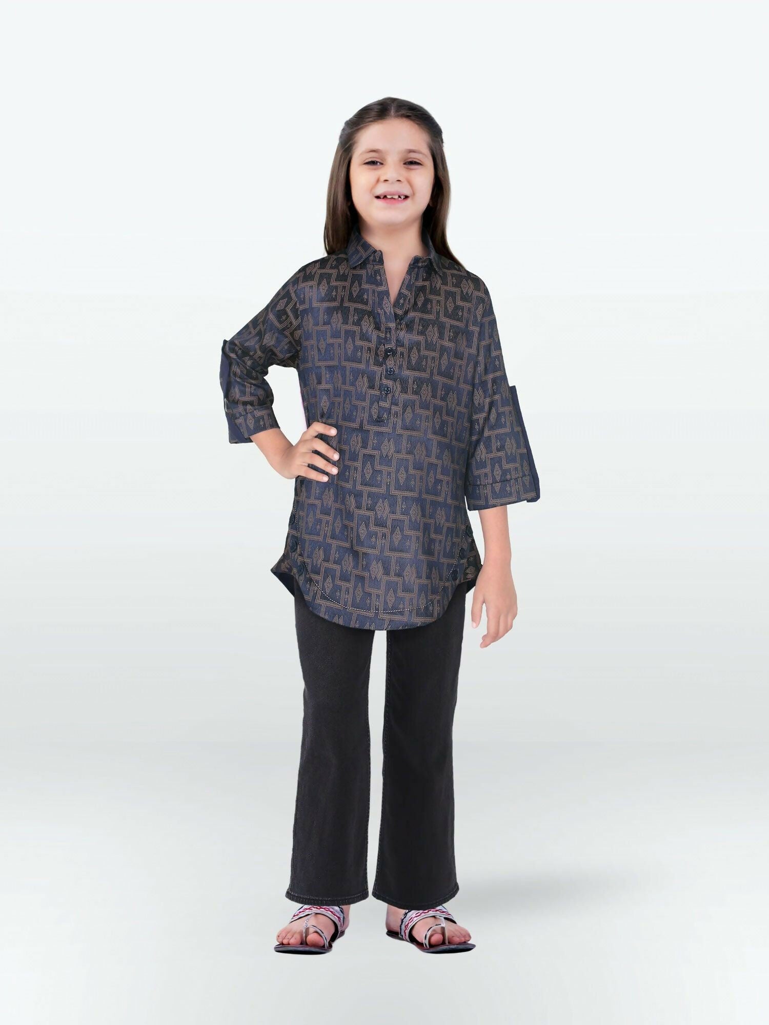 Rustic Black and Brown Velvour Girls Printed Stitched Tunic-VG124-C