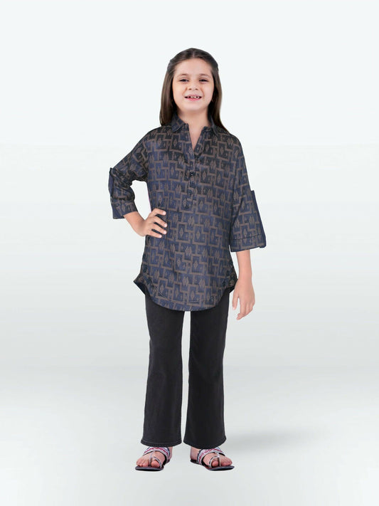 Rustic Black and Brown Velvour Girls Printed Stitched Tunic-VG124-C