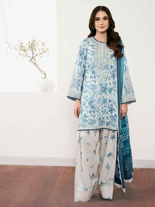 Unstitched 3-piece suit from Binilyas Noura Summer Edit featuring digitally printed lawn shirt with embroidered neck, daman motifs, and organza laces, paired with digital printed dupatta and cotton trouser.