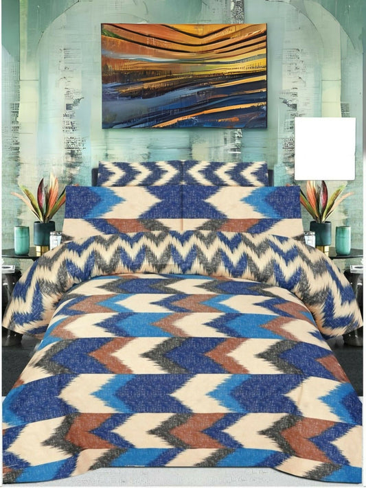 Multicolor design comforter set featuring a mix of vibrant patterns, includes one king size comforter, one bedsheet, and four pillow covers.