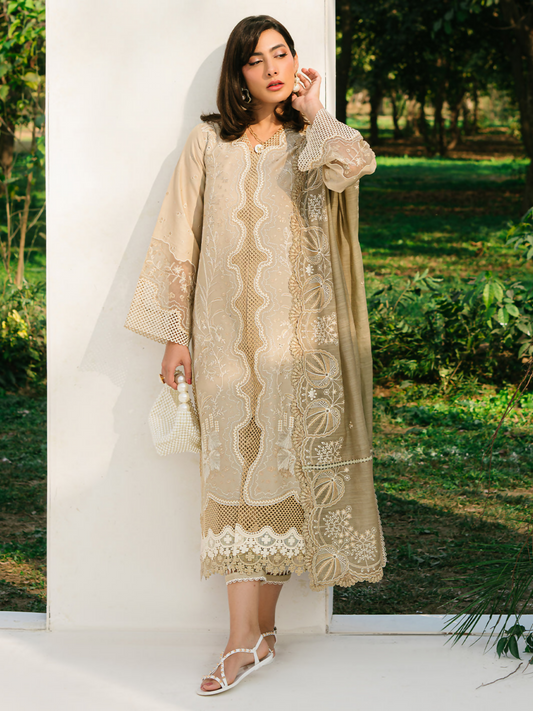 Refined embroidered lawn suit with organza detailing, paired with an embroidered dupatta and dyed cotton trouser.