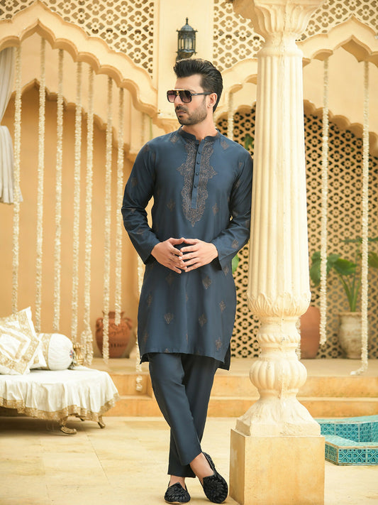 Fabrich Shehnai Men Cotton-Silk Embroidered Unstitched Shalwar Kameez-GTS-SS-007