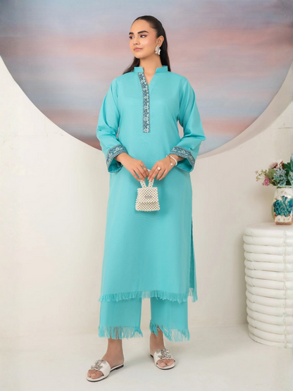 Panache Apparel Winter Basics Khaddar Embroidered Stitched 2-Piece Suit-Ocean