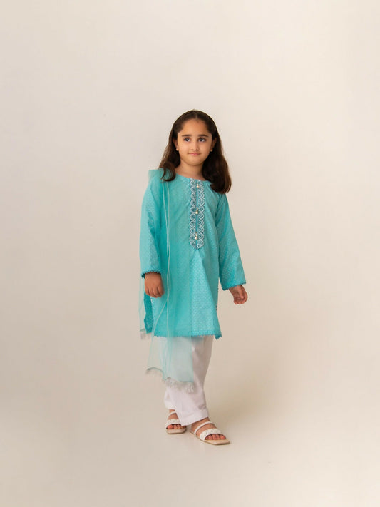 Kidoz Kloset Chikankari Embroidered Stitched 3-Piece Suit-Bubblegum Bloom
