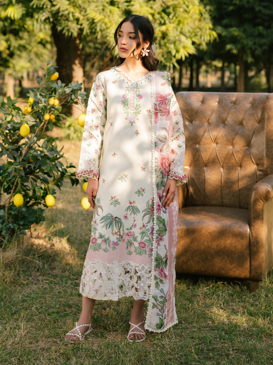Unstitched 3-piece suit featuring printed lawn shirt with embroidered neckline, front and sleeve borders, printed dupatta with embroidered patti, and printed cambridge trouser, ideal for elegant summer daywear.