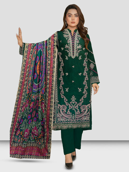 Embroidered shirt paired with plain trousers and an elegantly detailed voile dupatta, perfect for festive or formal wear.