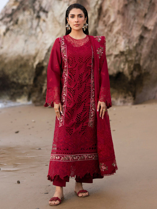 Unstitched 3-piece lawn suit from Mahnur Sirene collection with embroidered shirt, Monark dupatta, dyed trouser, and lining fabric.