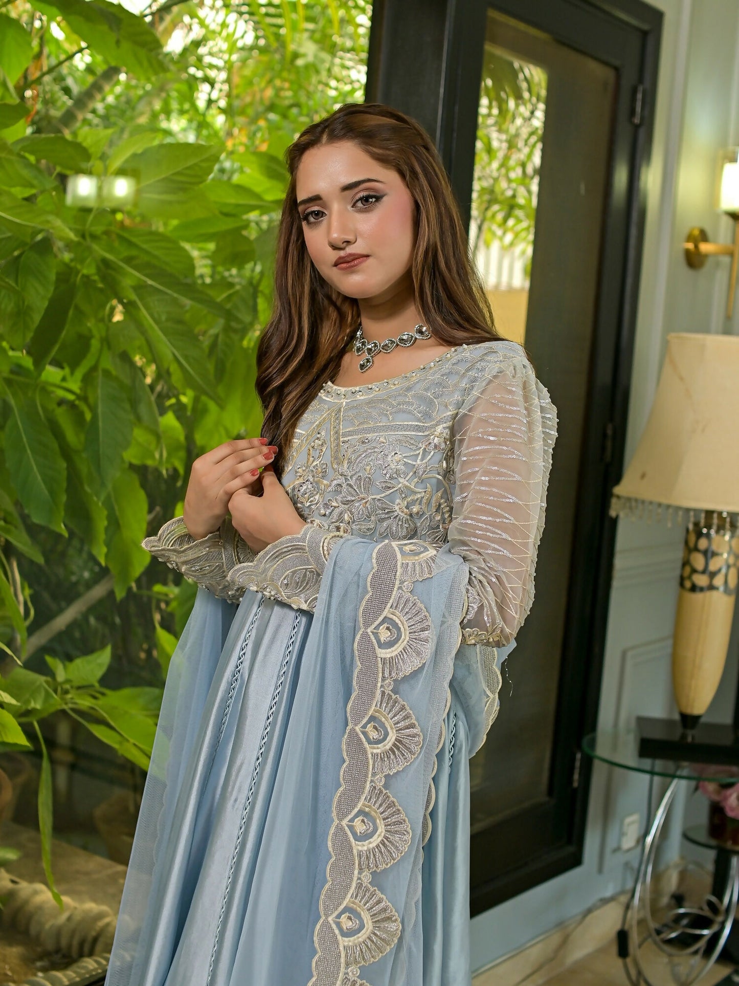 Farooq Hameed Studio Glass Silk Embroidered Stitched 3-Piece Suit-Izzah
