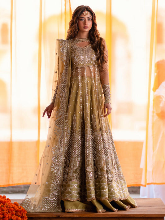 Binilyas unstitched luxury 3-piece suit with sequin embroidered net and silk shirt, embroidered net dupatta, and dyed silk trouser.