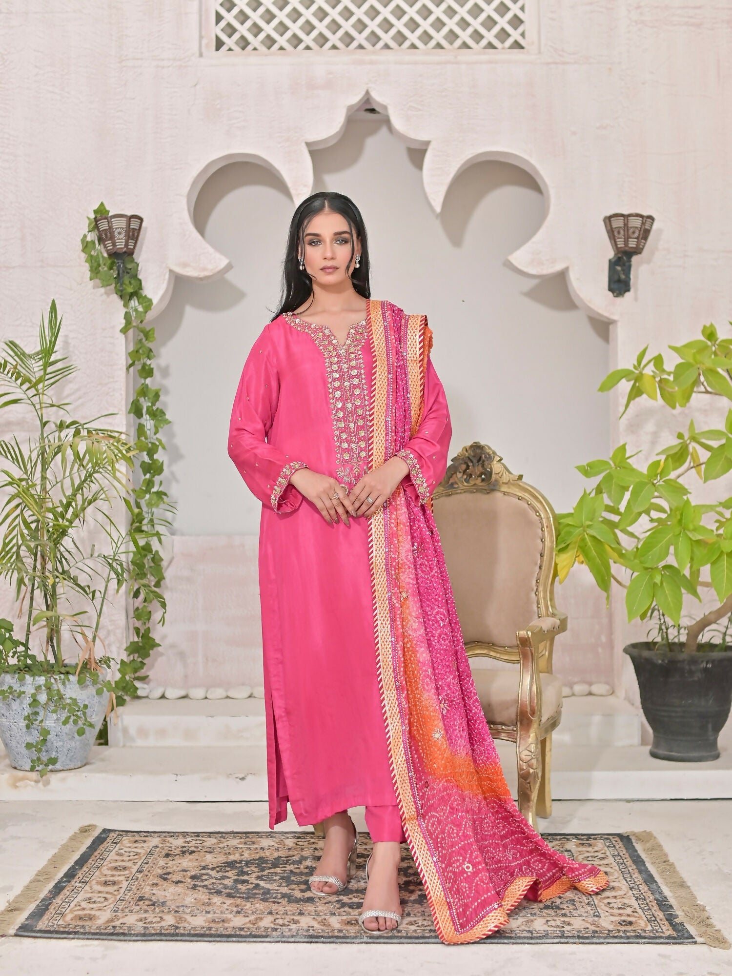 Ruby's Couture Shireen Raw Silk Embroidered Stitched 3-Piece Suit-Basanti