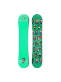 Top and bottom view of a snowboard. The top view shows a pixelated Shopify bag logo and a
        pixelated character reviewing a clipboard with a questioning expression with a bright green-blue background.
        The bottom view is a pattern of many pixel characters with a bright green-blue background.