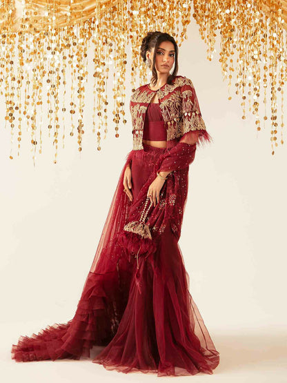 Shiza Hassan Aurora Formals Net Embellished Saree-Magma