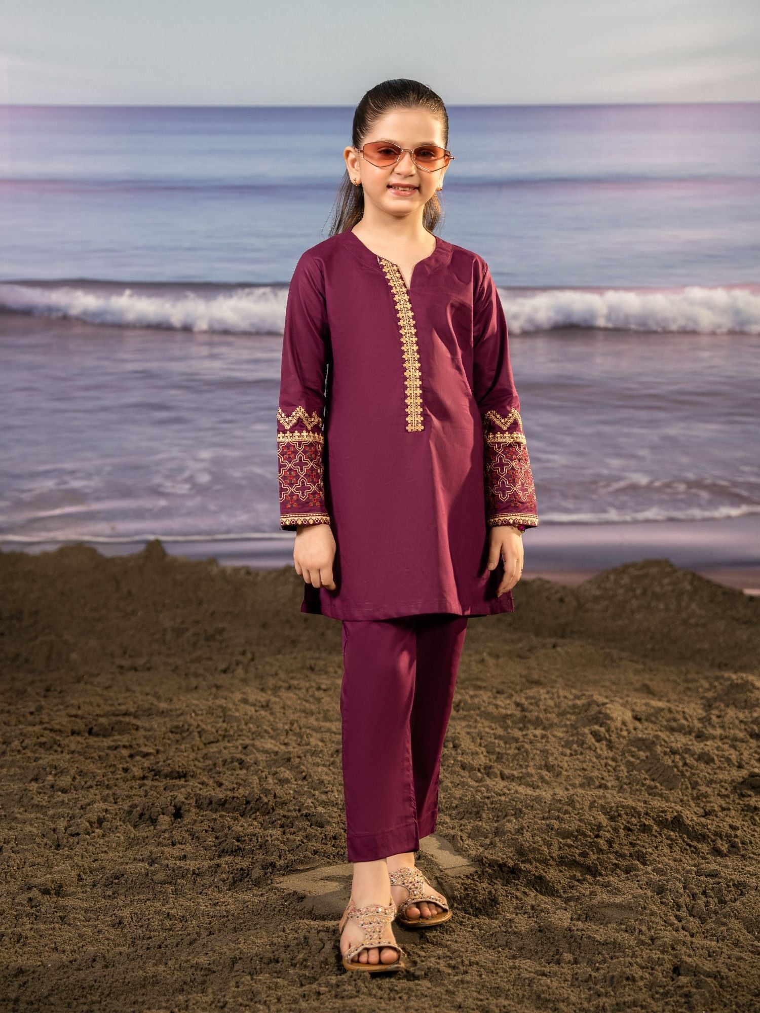 Velvour Girls Cotton Embroidered Stitched 2-Piece Suit-VG136-A