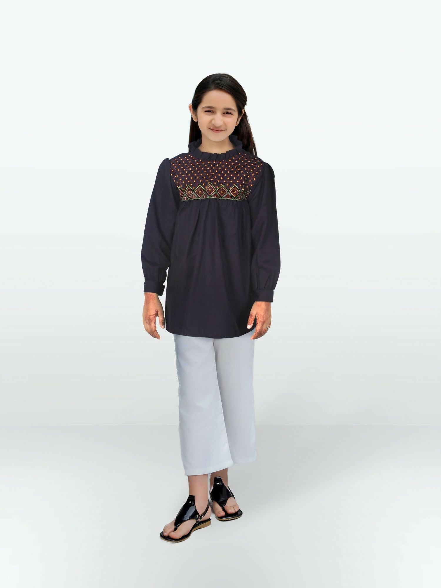Dark Purple Velvour Girls Embroidered Stitched Tunic-VG129-B