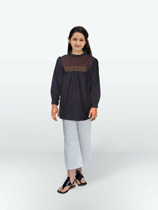 Dark Purple Velvour Girls Embroidered Stitched Tunic-VG129-B