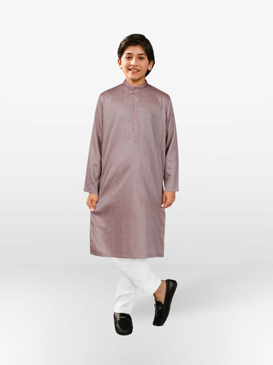 Boy wearing embroidered cotton kurta with mandarin collar, full sleeves, and regular fit, ideal for traditional wear