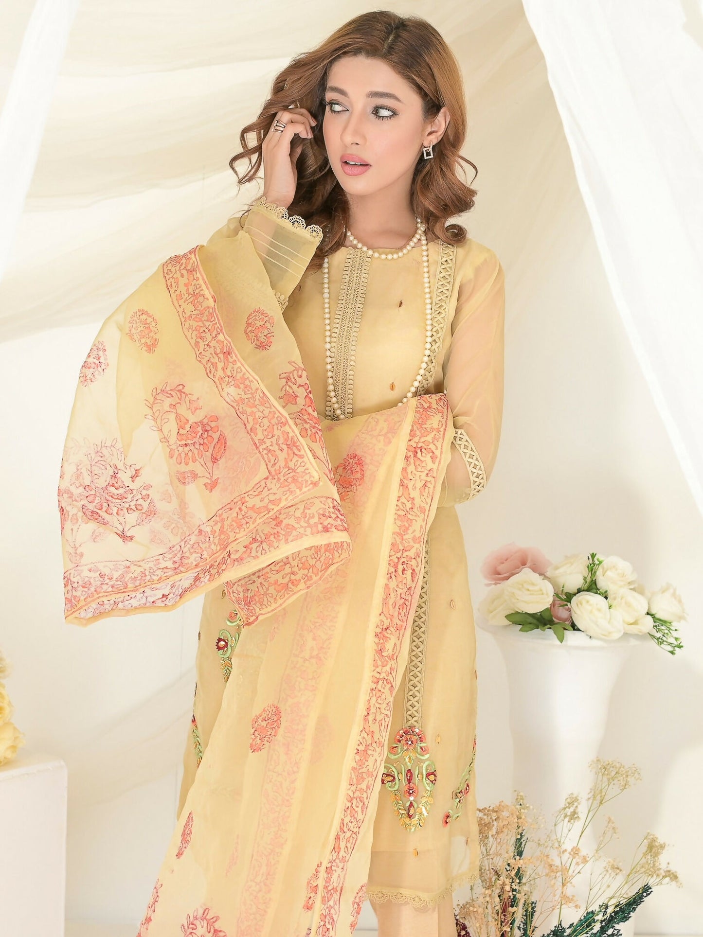 Ruby's Couture Gul-Bahar Organza Embroidered Stitched 3-Piece Suit-Zawiya