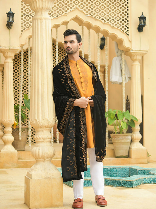 Black Fabrich Men Luxury Embroidered Velvet Shawl-GTS-VS-002