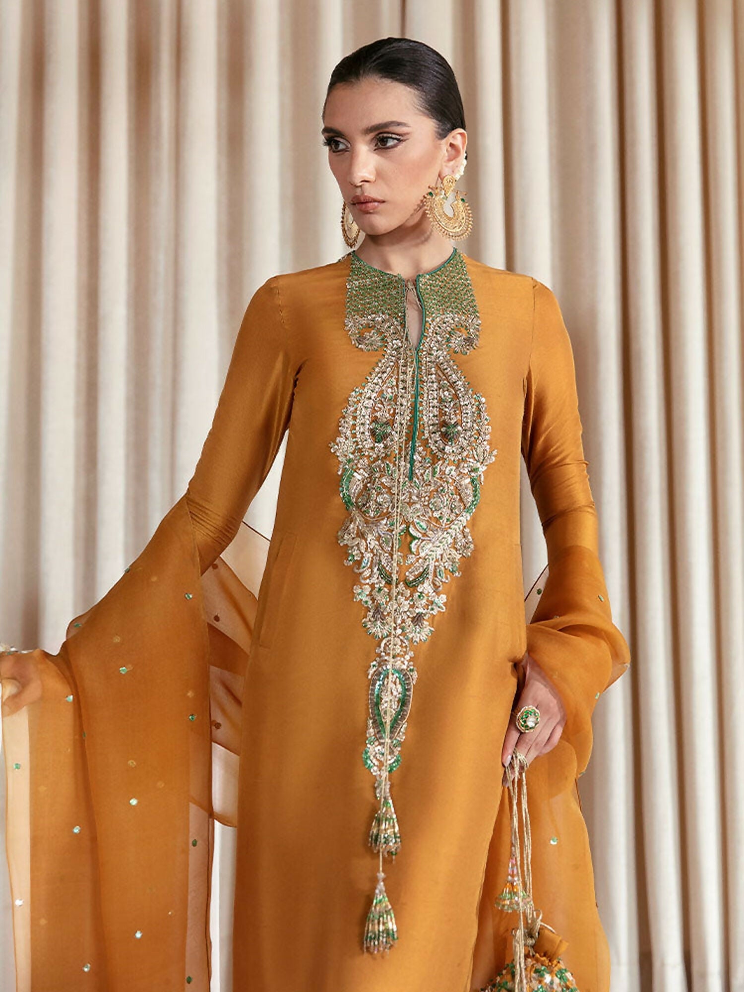Hussain Rehar – Mustard Raw Silk Embellished Shirt with Organza Dupatta