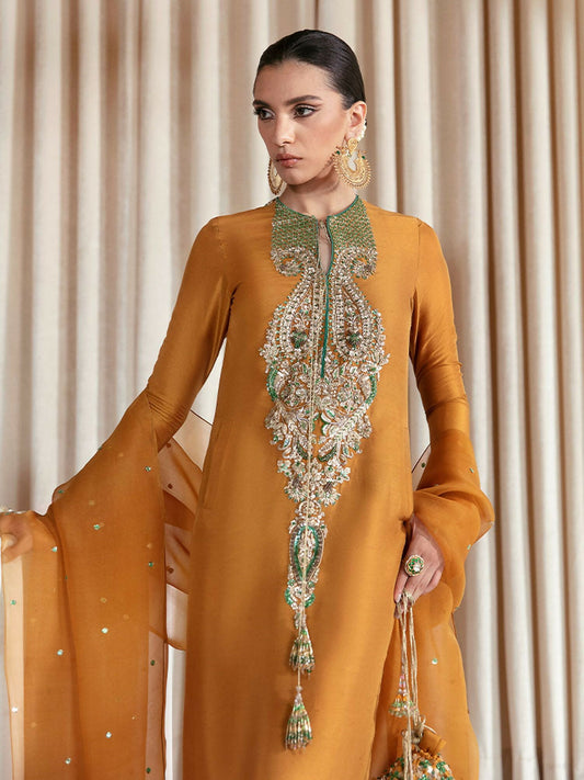 Hussain Rehar – Mustard Raw Silk Embellished Shirt with Organza Dupatta