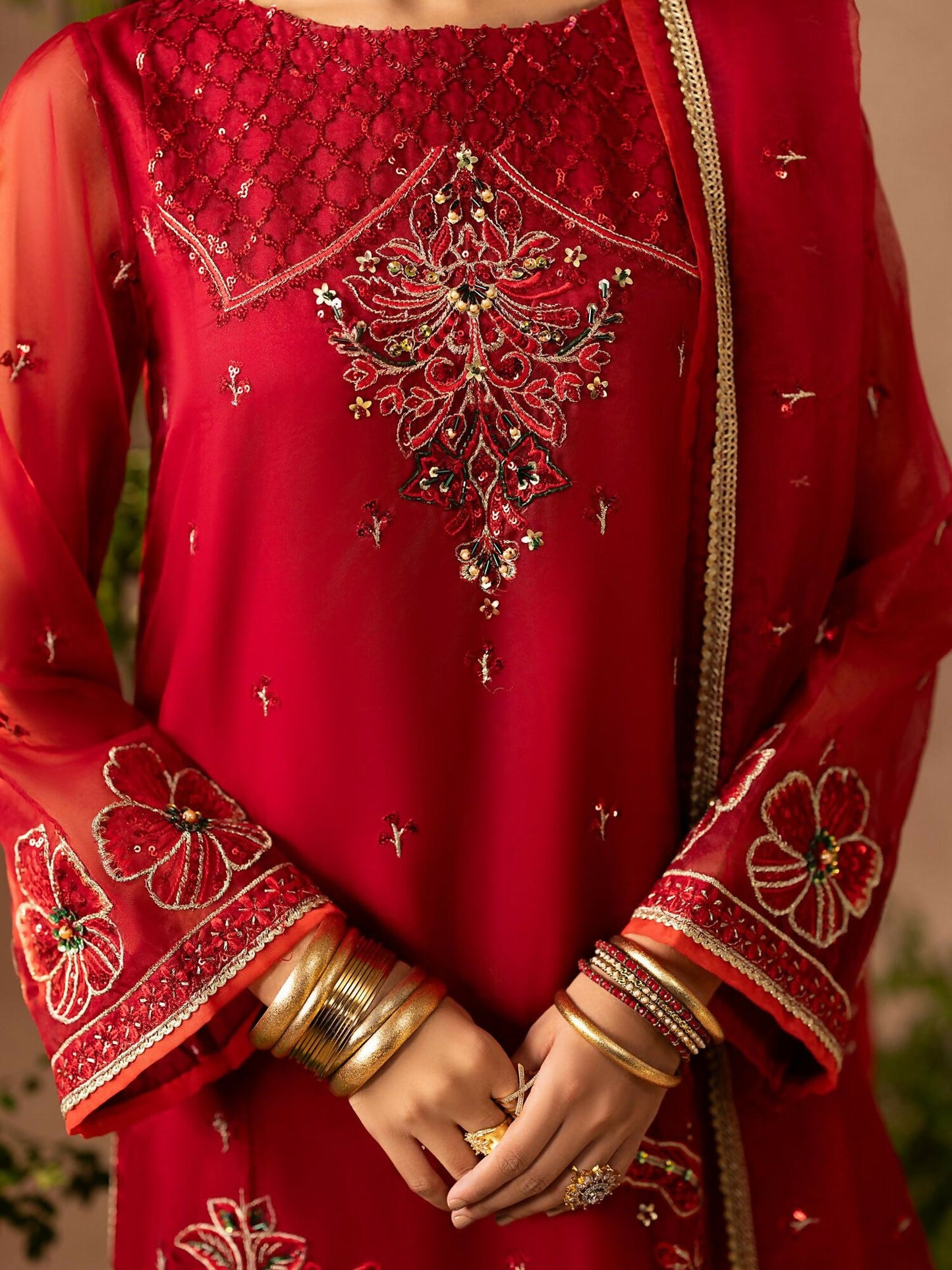 Shurooq Geet Organza Embroidered Stitched 3-Piece Suit-Mahia