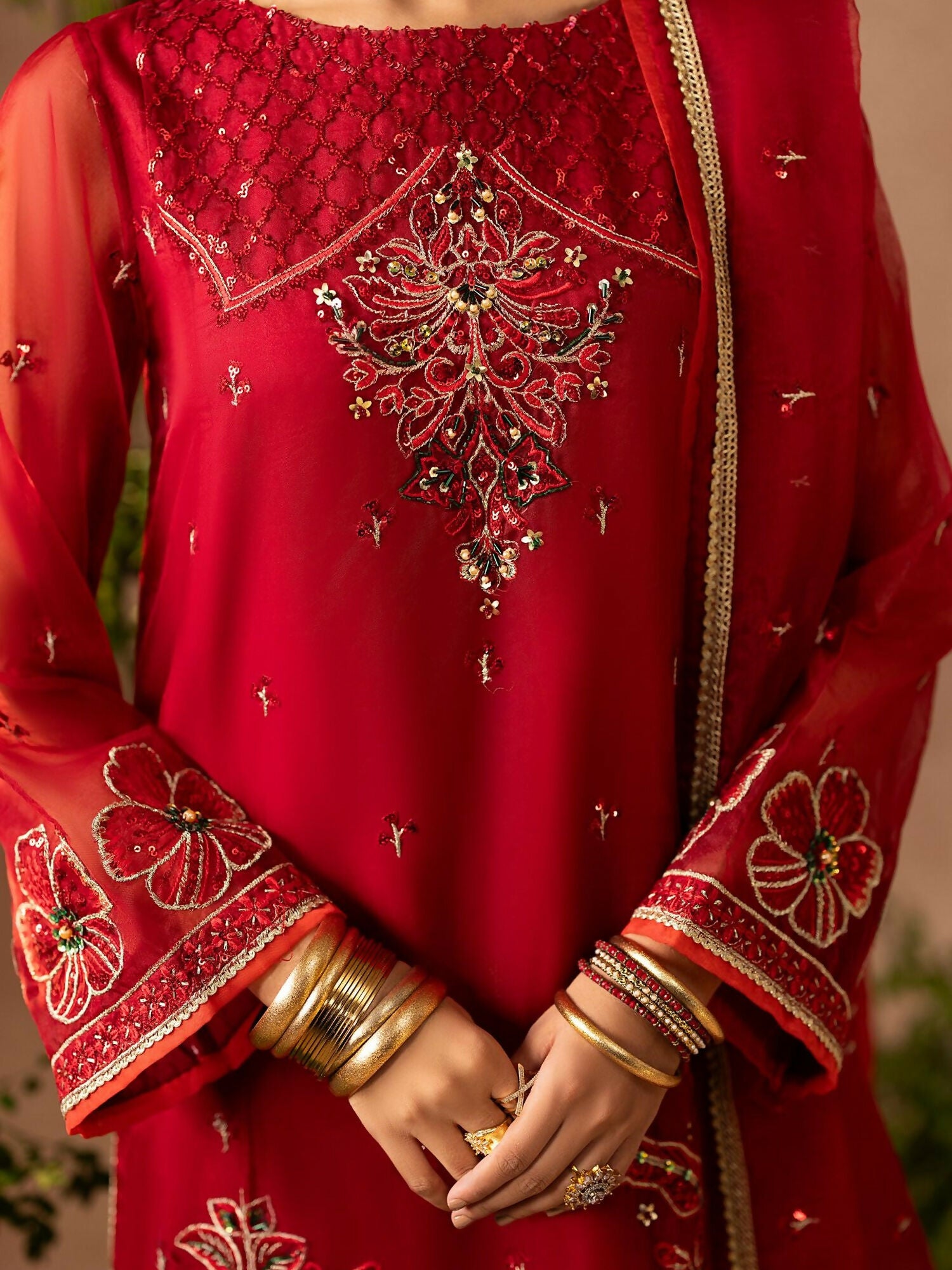 Shurooq Geet Organza Embroidered Stitched 3-Piece Suit-Mahia