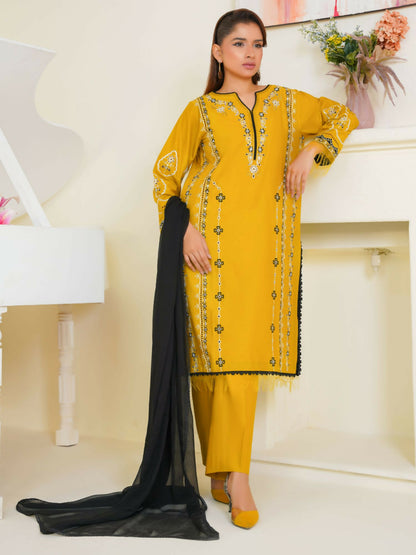 Stitched 3-piece suit featuring embroidered yellow cotton tunic, black chiffon dupatta, and matching yellow cotton trousers with elegant contrast