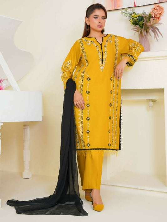 Stitched 3-piece suit featuring embroidered yellow cotton tunic, black chiffon dupatta, and matching yellow cotton trousers with elegant contrast